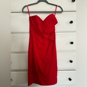 Red linen strapless dress